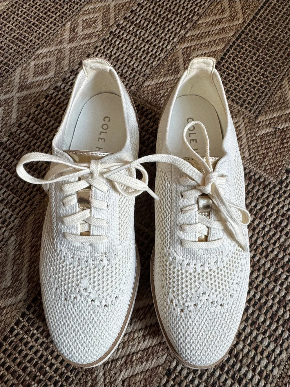 COLE HAAN Grand City Platform Stitchlight Oxford Sneaker Ivory Knit Gold Sz 6.5